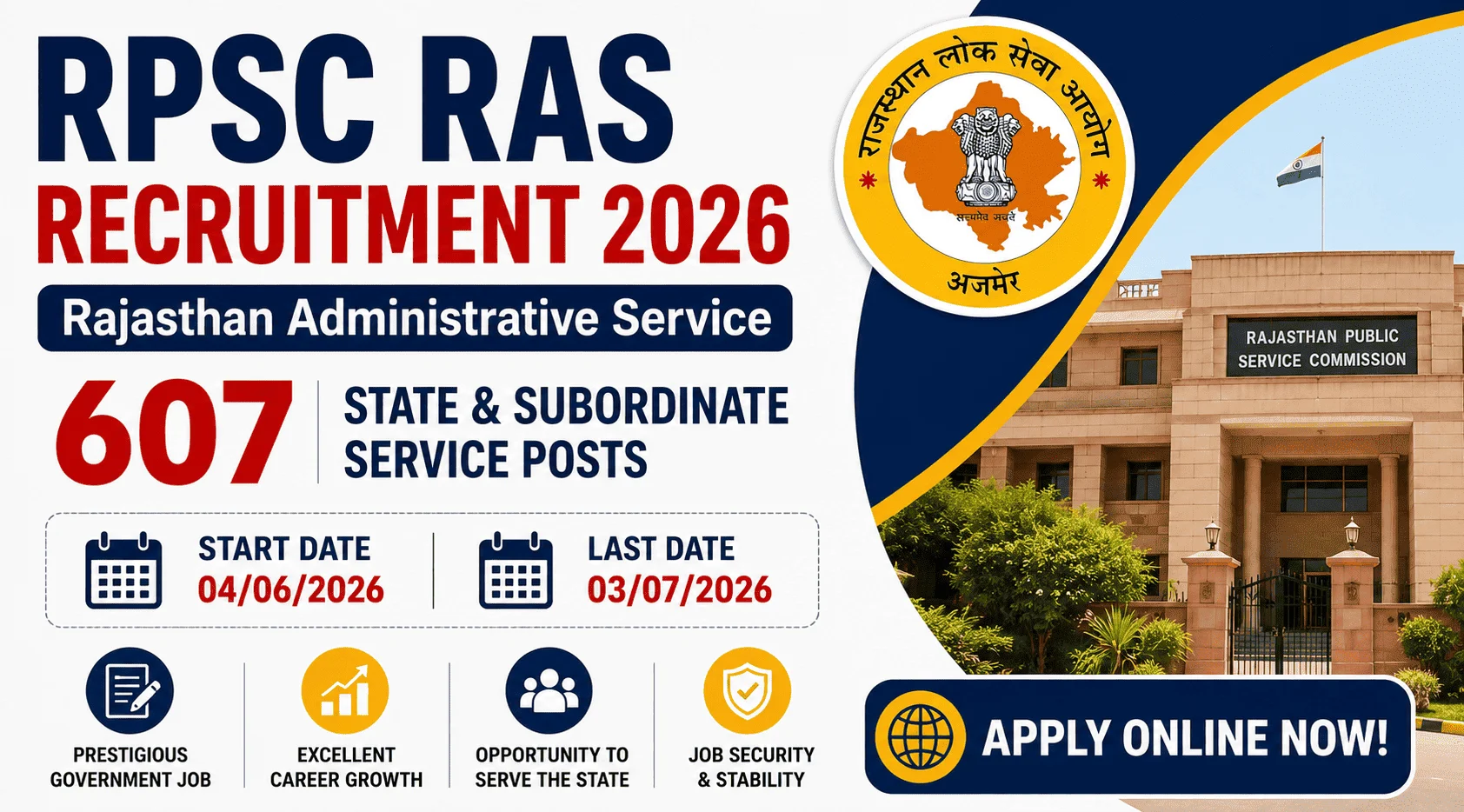RPSC RAS Recruitment 2026: Apply Online for 607 State & Subordinate Service Posts